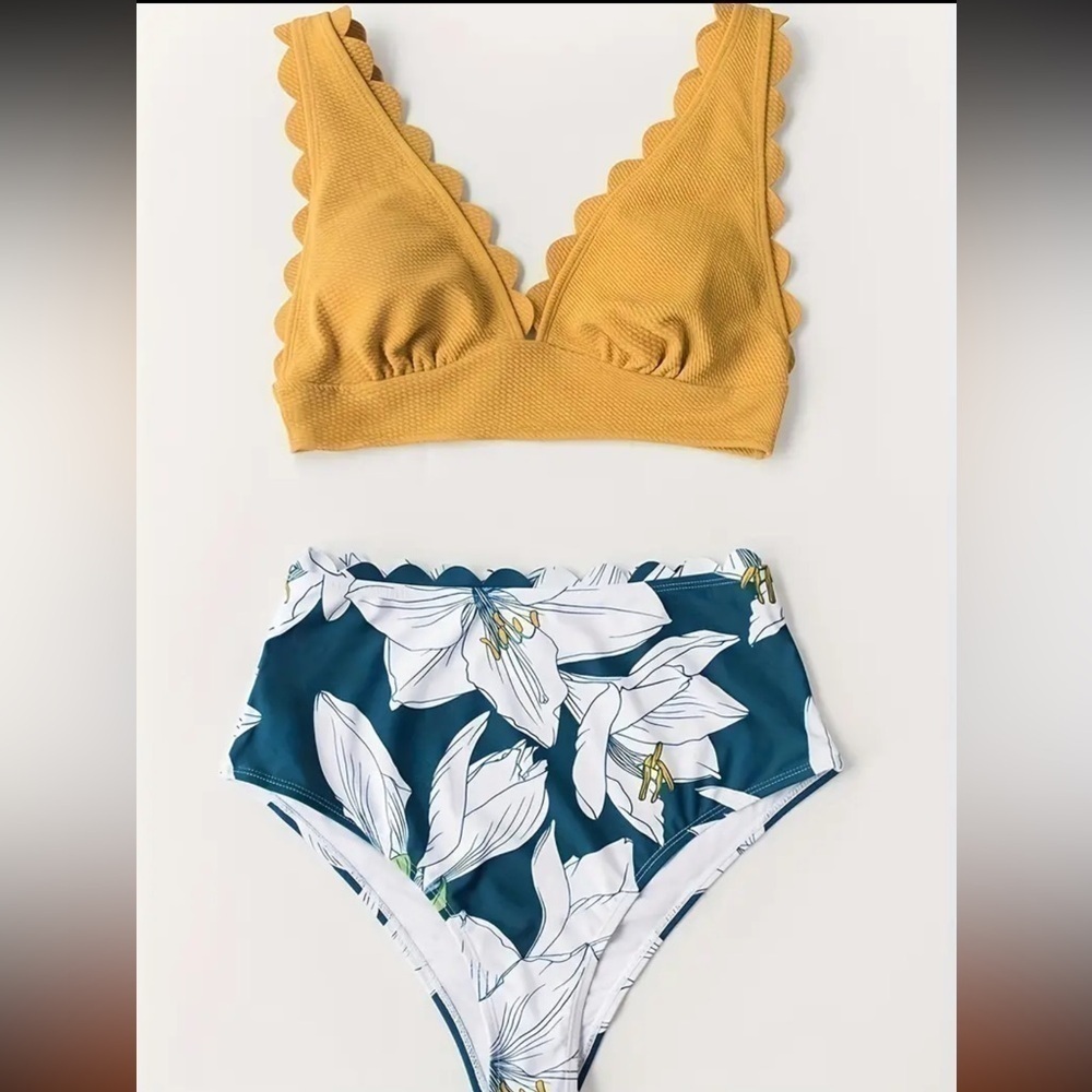 Floral Pattern 2 Piece Set Bikini, V Neck Scallop Trim High Waist Swimsuits